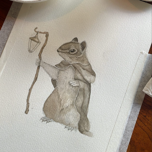 Watercolour painting of a squirrel holding a stick with a lantern on the end